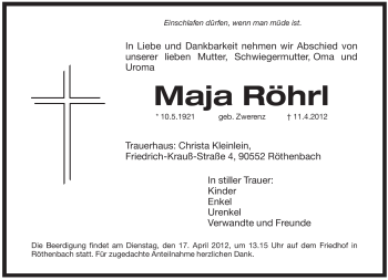 Traueranzeige von Maja Röhrl von Pegnitz-Zeitung